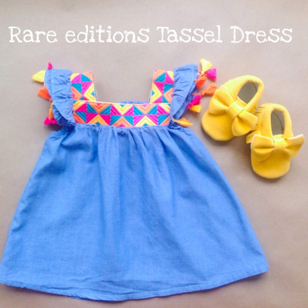 Rare Editions Dress chambray Aztec tassels 9 month